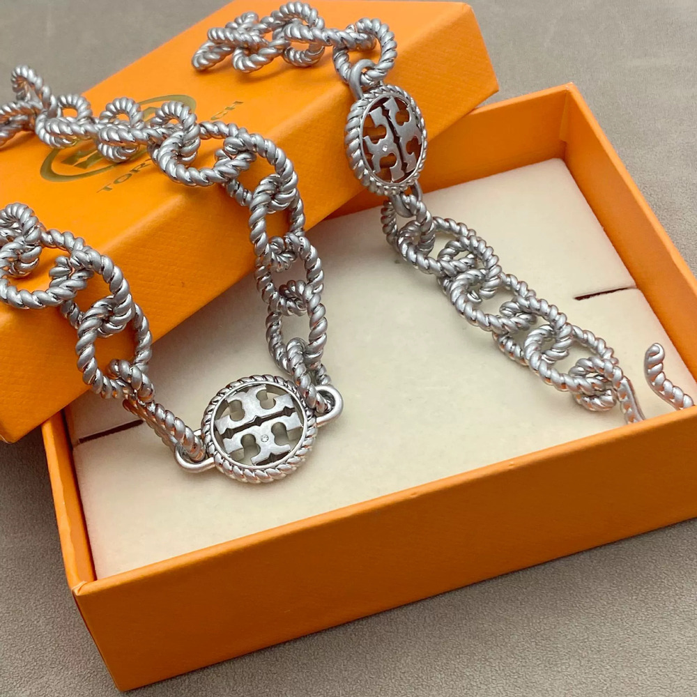 Tory Burch Silver Twist Rope Bracelet Necklace Set